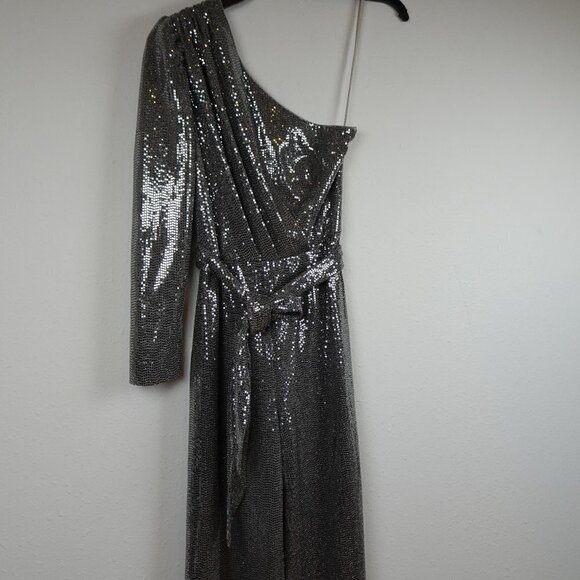Alex Marie Silver Jumpsuit Women's Petite Size 4P Belted One Shoulder NEW - Picture 5 of 12
